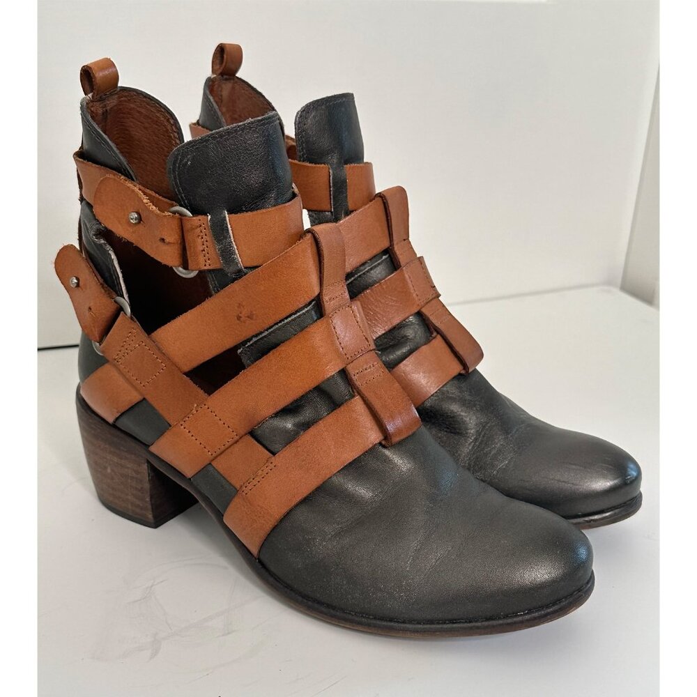 Free People Mixed Leather, Cognac and Dark Gray, Caged Bootie, Size 40